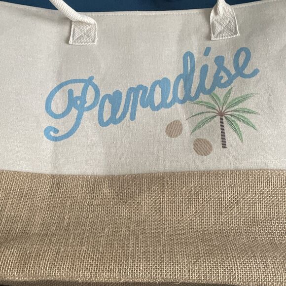 Paradise Women’s Resort Ready Woven Tote Bag Tan Blue Snap Closure Large - Picture 11 of 12